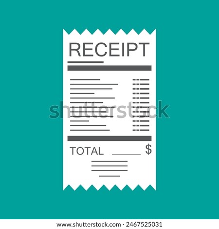 Receipt icon. Paper invoice. Total bill with dollar symbol. Vector illustration in flat style