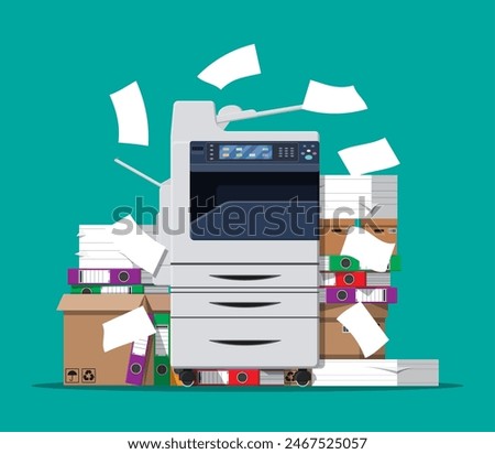 Office multifunction machine. Pile of paper documents, boxes and folders. Bureaucracy, paperwork, office. Printer copy scanner device. Proffesional printing station. Vector illustration in flat style