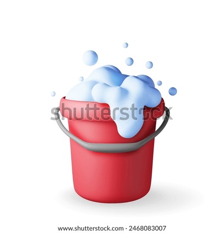 3d plastic bucket with soapy foam and bubbles isolated. Render bucket icon for cleaning and washing. House cleaning equipment. Household accessories. Realistic vector illustration