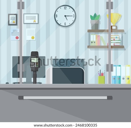 Bank teller workplace. Books, cup, plant, clocks, computer and keypad terminal. People service and payment. Vector illustration in flat style