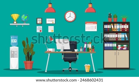 Office building interior. Desk with computer, chair, lamp, books and document papers. Water cooler, tree, clocks, calendar, cup. Modern business workplace Vector illustration in flat style