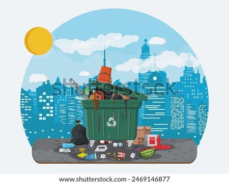 Plastic garbage bin full of trash. Overflowing garbage, food, rotten fruit, papers, containers and glass. Garbage recycling and utilization equipment. Waste management Vector illustration flat style