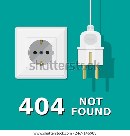 Electrical plug is unplugged into the socket. Error 404. Page not found. Vector illustration in flat style
