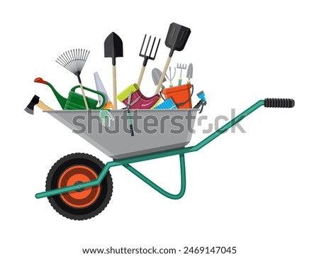 Gardening tools set in wheelbarrow. Equipment for garden. Saw bucket ax wheelbarrow hose rake can shovel secateurs gloves boots. Vector illustration in flat style