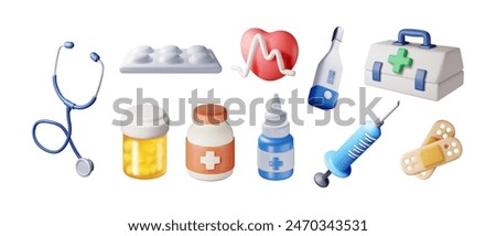 3d medicine icon set isolated. Render medical collection. Spray, pills, first aid kit, thermometer, syringe, heartrate, stethoscope. Healthcare hospital and medical diagnostics. Vector illustration