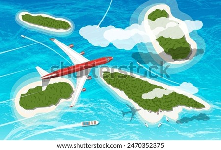 Airplane flies above few tropical islands with beaches and houses. Floating boats and ships. Aerial view. Clouds and ocean. Air journey or vacation concept. Vector illustration in flat style