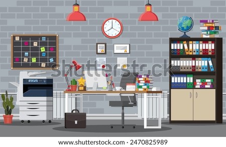 Office building interior. Desk with computer, chair, lamp, books and document papers. Drawer, tree, clocks, calendar, printer. Modern business workplace Vector illustration in flat style