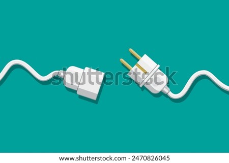 Electrical outlet and plug unplugged. 404 error, page not found, connection error or time out. Vector illustration in flat design.