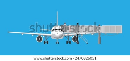 Airplane front view. Passenger or commercial jet with aero bridge or jetway. Telescopic ladder for airport. Ramp, gate, aerobridge. Airport terminal services. Vector illustration in flat style