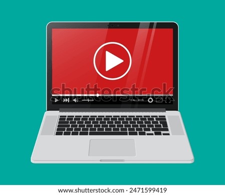 Modern notebook with video player on screen. Online streaming service on laptop. Cinema, movies, courses and education in internet. Digital content. Vector illustration in flat style