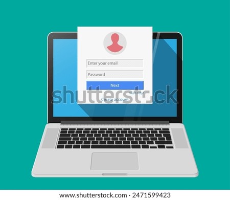 Member login form into account managment page on laptop screen, ui element, web site, mobile app, secure login. Vector illustratiom in flat style