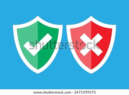 Shields and check marks. Approved and rejected. Red and green shield with checkmark and x mark. Protection, security, secure data. Confidential information, privacy. Vector illustration flat style