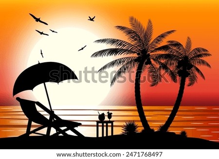 Silhouette of wooden chaise lounge, palm tree on beach. Umbrella and table with coconut and cocktail. Sea with sun. Sunset in tropical place. Vector illustration