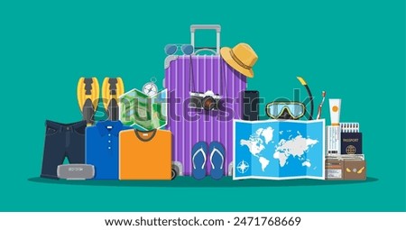 Big travel set. Summer holiday, tourism and vacation items. Bag photo camera compass, wallet, map, scuba mask, flip flops, hat shirt, shorts, passport ticket wallet Vector flat style