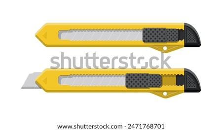 Yellow box cutter instrument isolated on white. Snap-off blade, stationery office supply knife. Boxcutter tool. Vector illustration in flat style