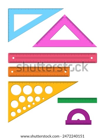 Plastic measuring rulers set. Protractor, triangle, measuring rulers of different sizes. Tools for education and work. Stationery and office supply. Vector illustration in flat style