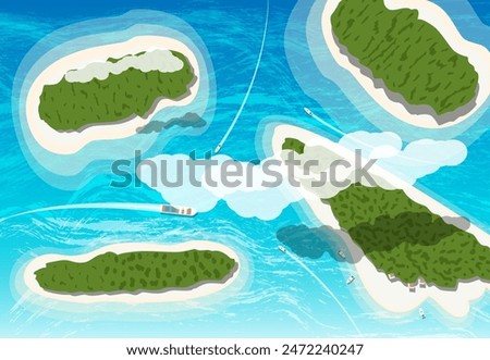 Top view of few tropical islands with beaches and houses. Floating boats and ships. Aerial view. Clouds and ocean. Journey or vacation concept. Vector illustration in flat style