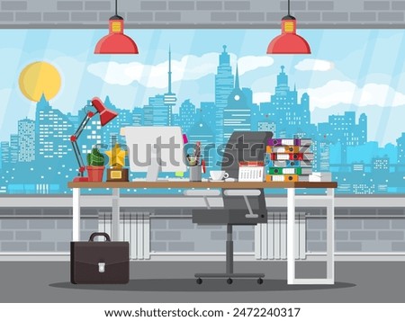 Office building interior. Desk with computer, chair, lamp, books and document papers. Brick wall, window and cityscape. Modern business workplace. Vector illustration in flat style