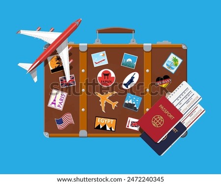 Travel suitcase with stickers of countrys and citys all over the world. Airplane. Passport and boarding pass. Vacation and holiday. Vector illistration in flat style