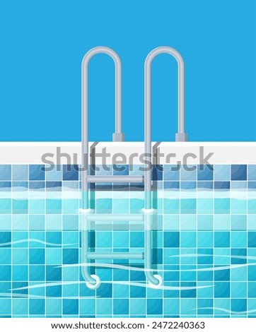 Swimming pool and ladder. Blue tiles and metal ladder. Holiday resort, spa, sport, rest, pool party. Vector illustration in flat style