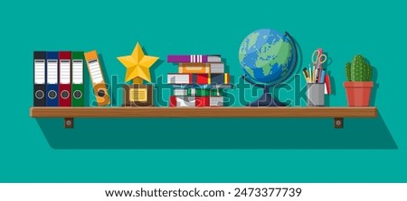 Office interior background with shelves, ring binders, pile of books, pencils, scissors pen, globe, cactus, folders, awards trophy. Vector illustration in flat style