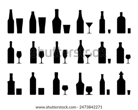 Alcohol drinks set silhouette. Bottles with glasses. Vodka champagne wine whiskey beer brandy tequila cognac liquor vermouth gin rum absinthe sambuca cider bourbon. Vector illustration flat style