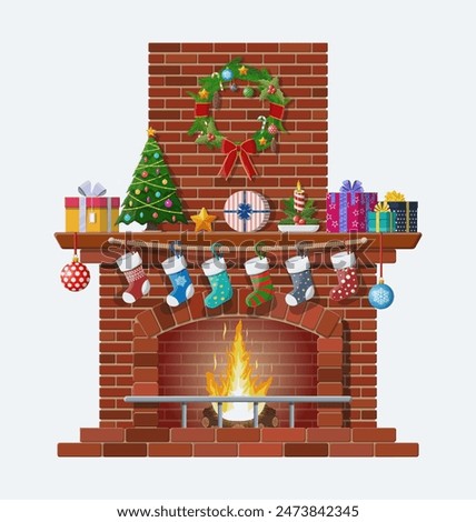 Red brick classic fireplace with socks, christmas tree, candle balls gifts and wreath. Happy new year decoration. Merry christmas holiday. New year and xmas celebration. Vector illustration flat style