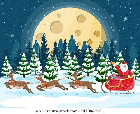 Christmas background. Santa claus rides reindeer sleigh. Night winter landscape with fir trees forest, fullmoon and snowing. New year celebration. New year xmas holiday. Vector illustration flat style