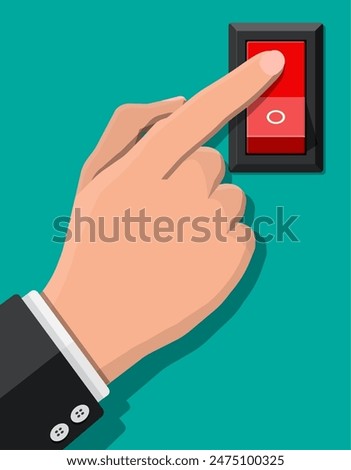 Hand push button switch. Electric control. Classic red electric switch. Square power selector. Switcher with rgb light. Off and on position. Electrical equipment. Vector illustration in flat style