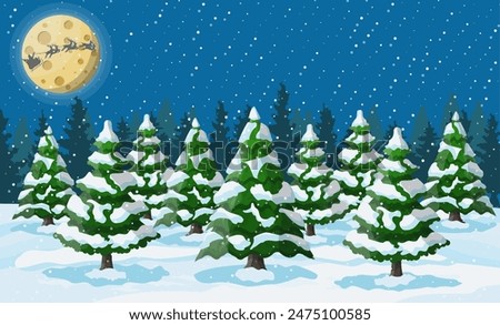 Winter christmas background. Pine tree wood and snow. Winter landscape with fir trees forest and snowing. Happy new year celebration. New year xmas holiday. Vector illustration flat style