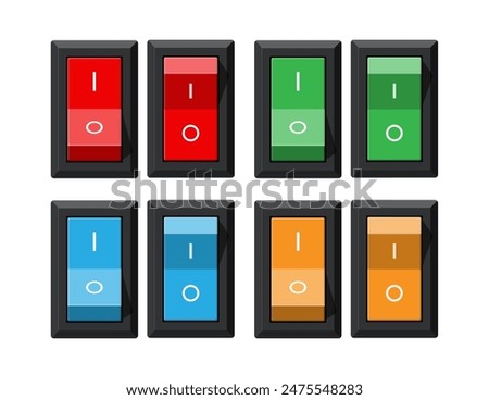 Classic red electric switch. Square power selector. Switcher with rgb light. Off and on position. Electrical equipment. Vector illustration in flat style