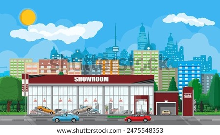 Exhibition pavilion, showroom or dealership. Car showroom building. Car center or store. Auto service and shop. Cityscape, road, house, tree, sky, cloud and sky. Vector illustration in flat style