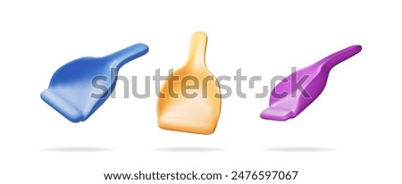 3d set of dustpan icon isolated on white. Render collection of hand dust pan symbol, cleaning plastic scoop. House cleaning equipment. Household accessories. Realistic vector illustration