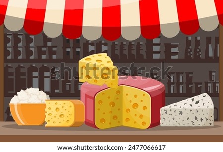 Cheese street market store stall. Farmer shop or showcase counter. Whole and piece of cheese cottage isolated on white. Milk dairy product. Organic healthy food. Vector illustration in flat style