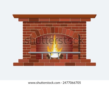 Winter interior bonfire. Classic fireplace made of red bricks, bright burning flame and smoldering logs inside. Home fireplace for comfort and relaxation. Vector illustration in flat style