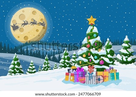 Christmas background. Tree gift boxes, santa claus rides reindeer sleigh. Night winter landscape fir trees forest fullmoon snowing. New year celebration xmas holiday. Vector illustration flat style