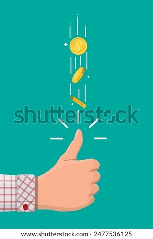 Hand of businessman tossing golden dollar coin. Decision making by chance with coin. Excitement, luck, fortune. Vector illustration in flat style