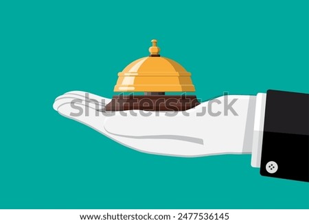 Golden service bell in hand. Help, alarm and support concept. Hotel, hospital, reception, lobby and concierge. Vector illustration in flat style