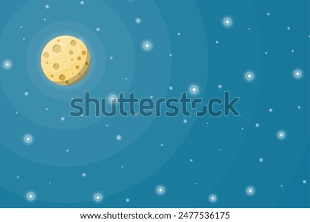 Fullmoon in night sky with stars. Moon satellite of earth with craters. Astronomy, science, nature. Space exploration. Vector illustration in flat style