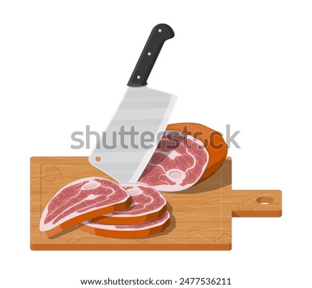 Meat steak chopped on wooden board with kitchen knife. Cutting board, butcher cleaver and piace of meat. Utensils, household cutlery. Cooking, domestic kitchenware. Vector illustration in flat style