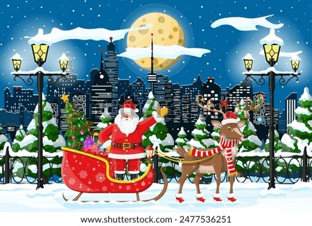 Santa claus rides reindeer sleigh. Christmas winter cityscape, fir tree, buildings. Happy new year decoration. Merry christmas holiday. New year and xmas celebration. Vector illustration flat style