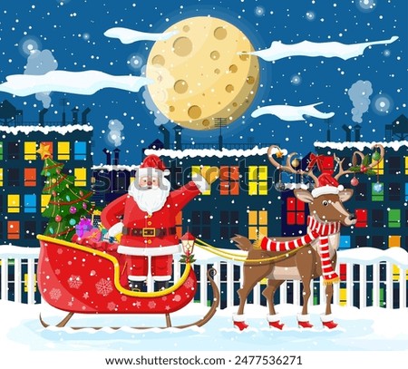 Santa claus rides reindeer sleigh. Christmas winter cityscape, snowflakes, buildings. Happy new year decoration. Merry christmas holiday. New year and xmas celebration. Vector illustration flat style