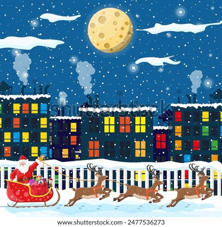 Santa claus rides reindeer sleigh. Christmas winter cityscape, snowflakes, buildings. Happy new year decoration. Merry christmas holiday. New year and xmas celebration. Vector illustration flat style