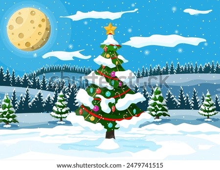 Christmas background. Christmas tree with garlands and balls, gift boxes. Winter landscape fir trees forest snowing. Happy new year celebration. New year xmas holiday. Vector illustration flat style