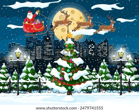 Santa claus rides reindeer sleigh. Christmas winter cityscape, fir tree, buildings. Happy new year decoration. Merry christmas holiday. New year and xmas celebration. Vector illustration flat style