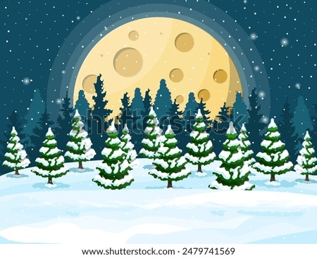 Winter christmas background. Pine tree wood and snow. Winter landscape with fir trees forest and snowing. Happy new year celebration. New year xmas holiday. Vector illustration flat style