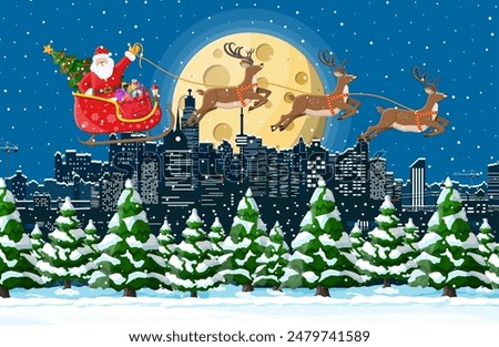 Santa claus rides reindeer sleigh. Christmas winter cityscape, snowflakes, buildings. Happy new year decoration. Merry christmas holiday. New year and xmas celebration. Vector illustration flat style