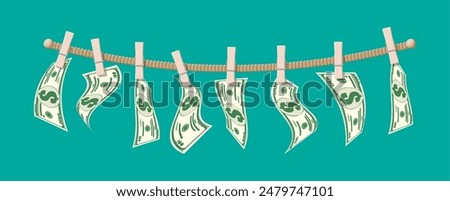 Wet dollar bills hanging on rope attached with clothes pins. Money laundering concept. Dirty money. Hidden wages, salaries black payments, tax evasion, bribe. Anti corruption. Flat vector illustration