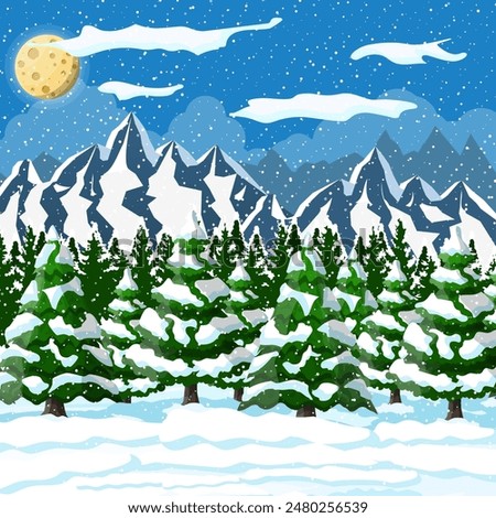 Winter christmas background. Pine tree wood and snow. Winter landscape with fir trees forest, mountain and snowing. Happy new year celebration. New year xmas holiday. Vector illustration flat style