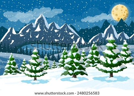 Winter christmas background. Pine tree wood and snow. Winter landscape with fir trees forest, mountain and snowing. Happy new year celebration. New year xmas holiday. Vector illustration flat style